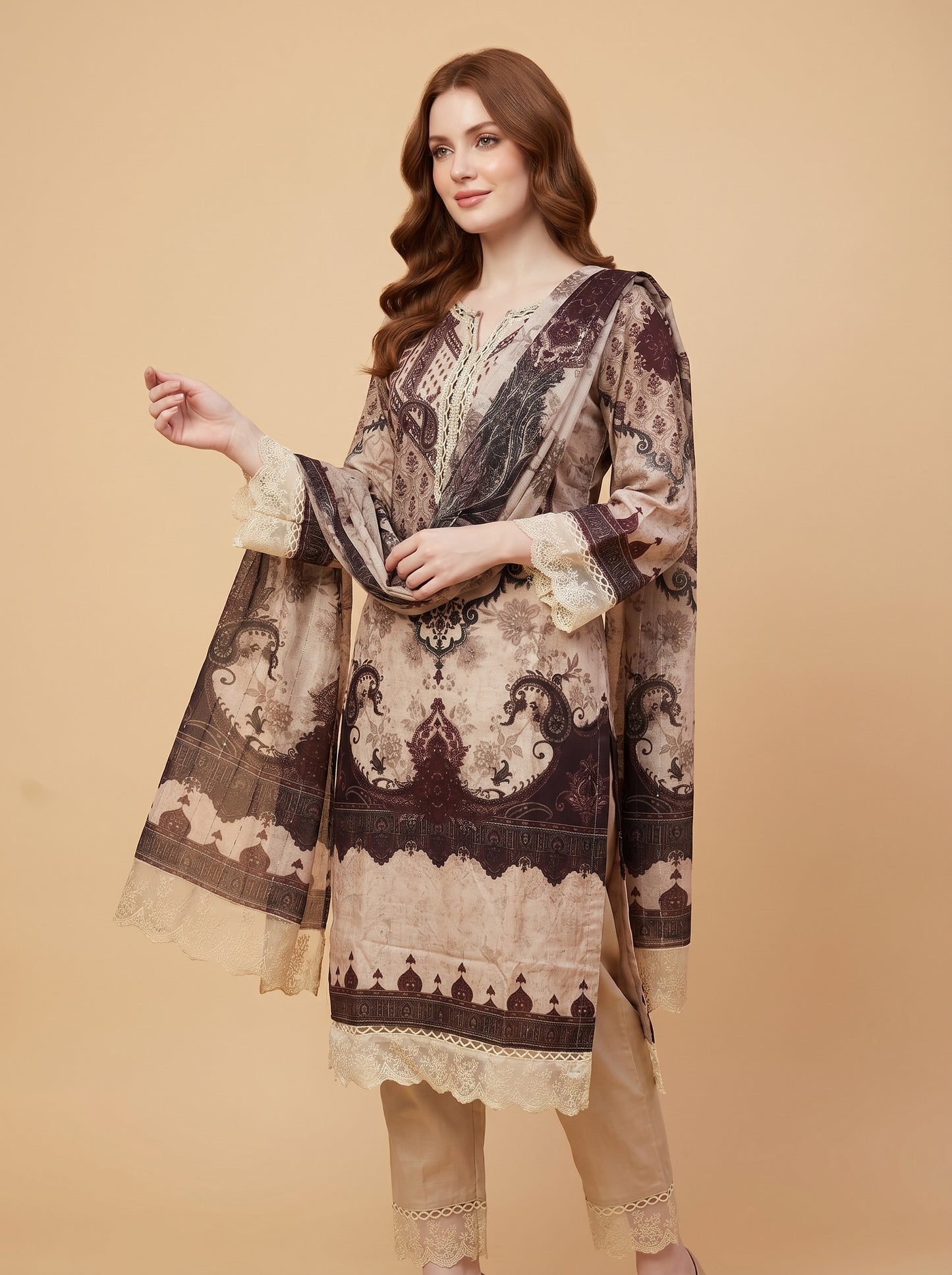 Cotton Printed Kurti Set With Dupatta 1001 beige