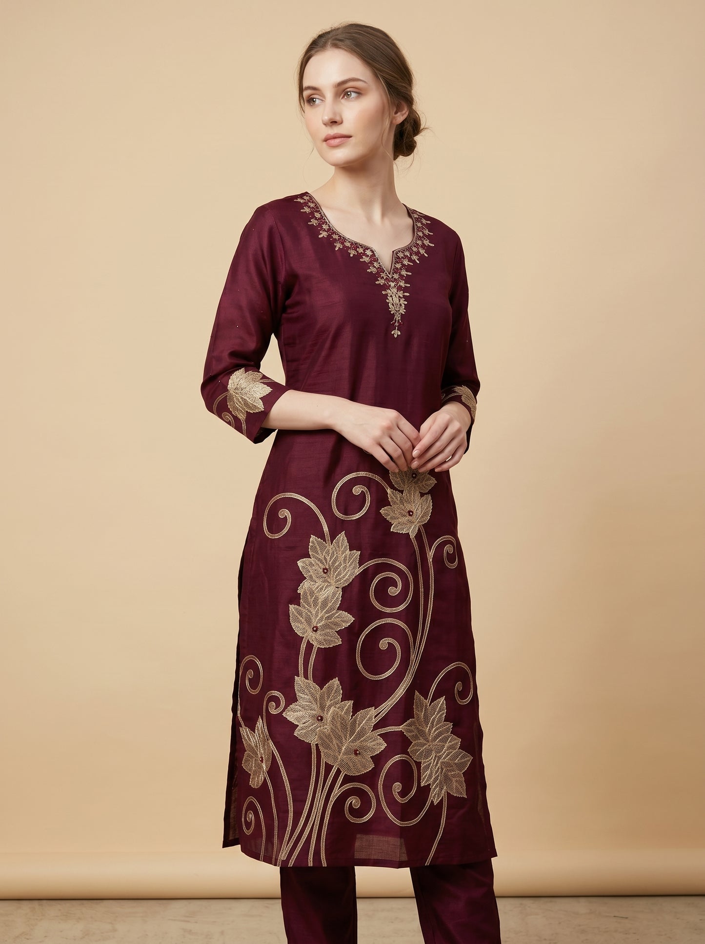Cotton Printed Kurti Set With Dupatta 1006 Wine