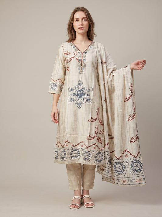 Cotton Printed kurti set 1008 Cream
