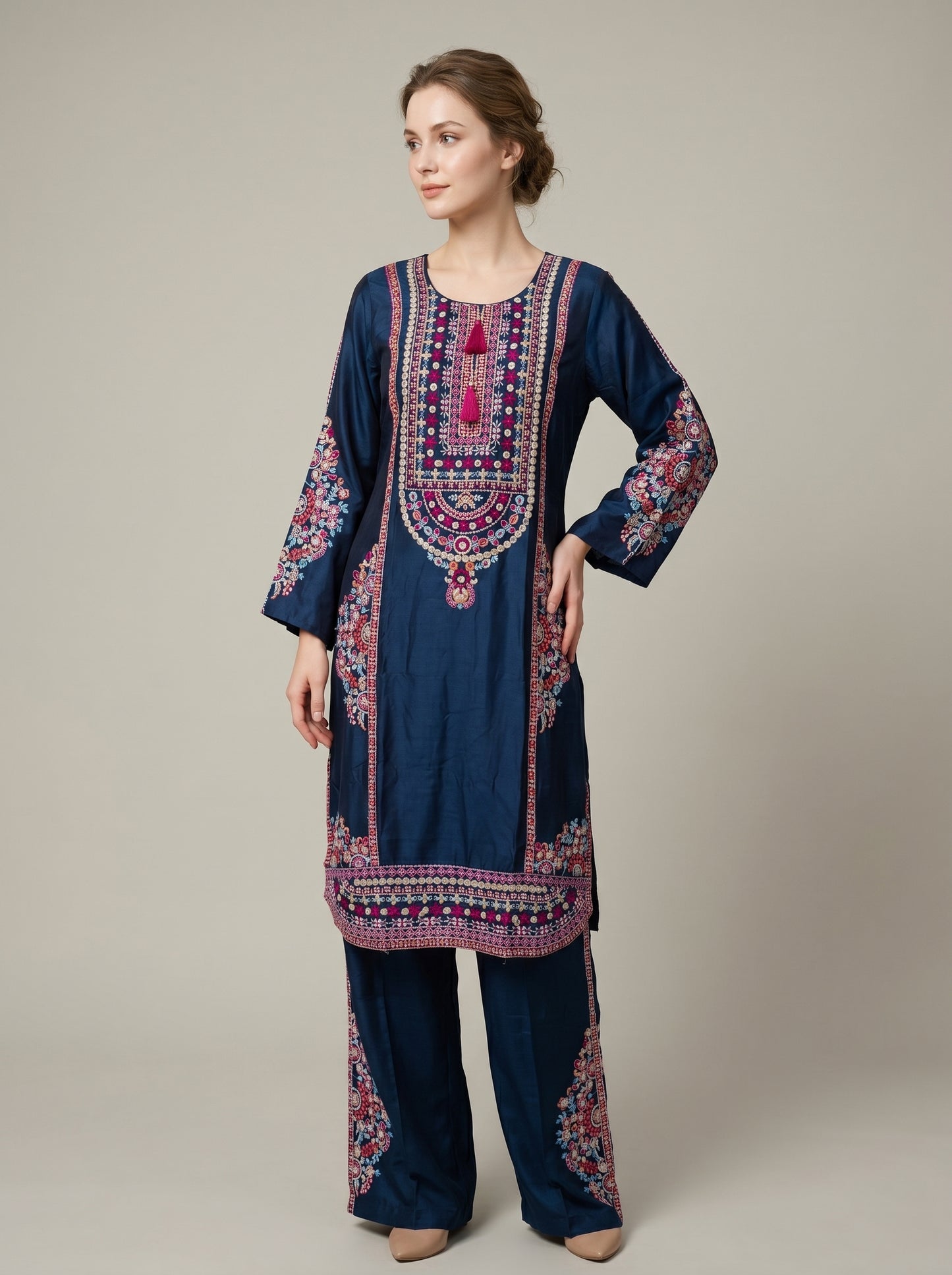 Cotton Embroidery Kurti Set 1027 Blue