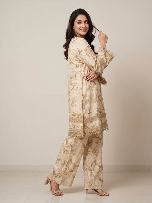 Cotton Printed Kurti Set 1031 Cream