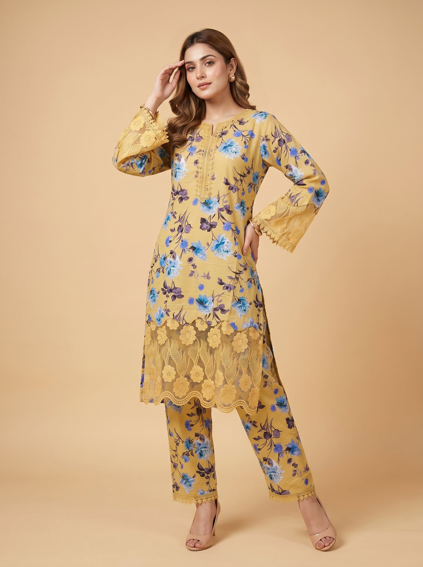 Cotton Printed Lace Work Kurti Set 1033 Yellow