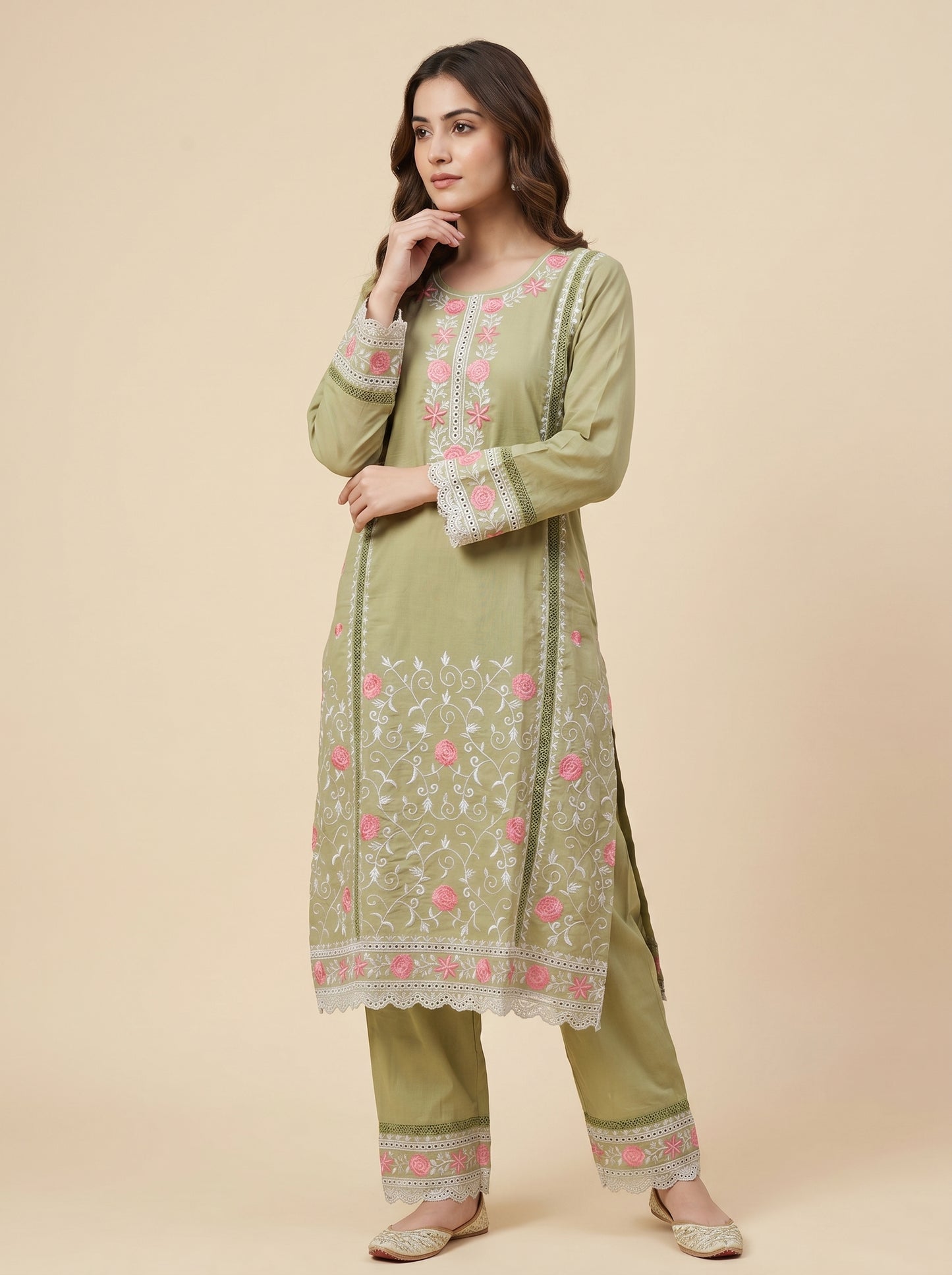 Cotton Embroidery Kurti Set 1034 Green