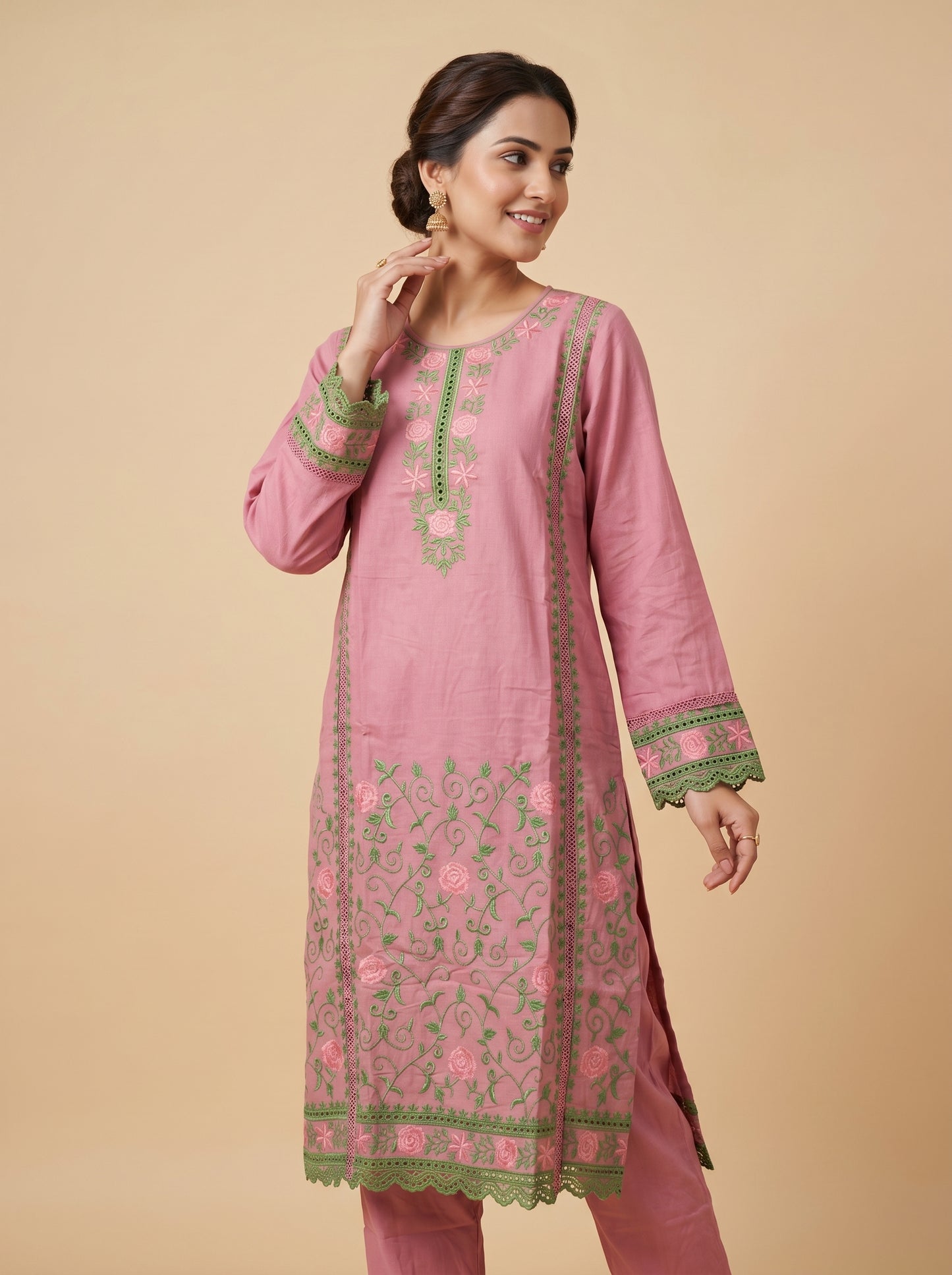 Cotton Embroidery Kurti Set 1035 Pink