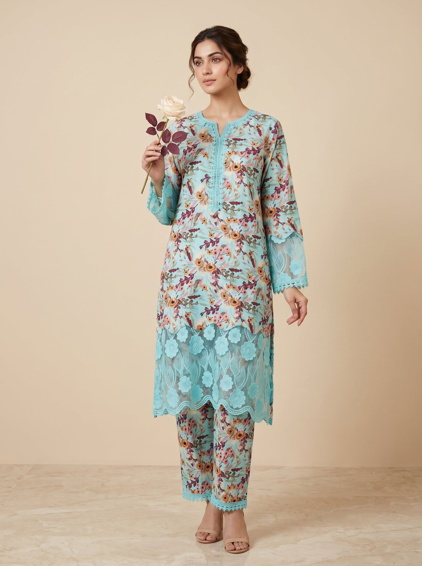 Cotton Printed Lace Work Kurti Set 1037 Blue