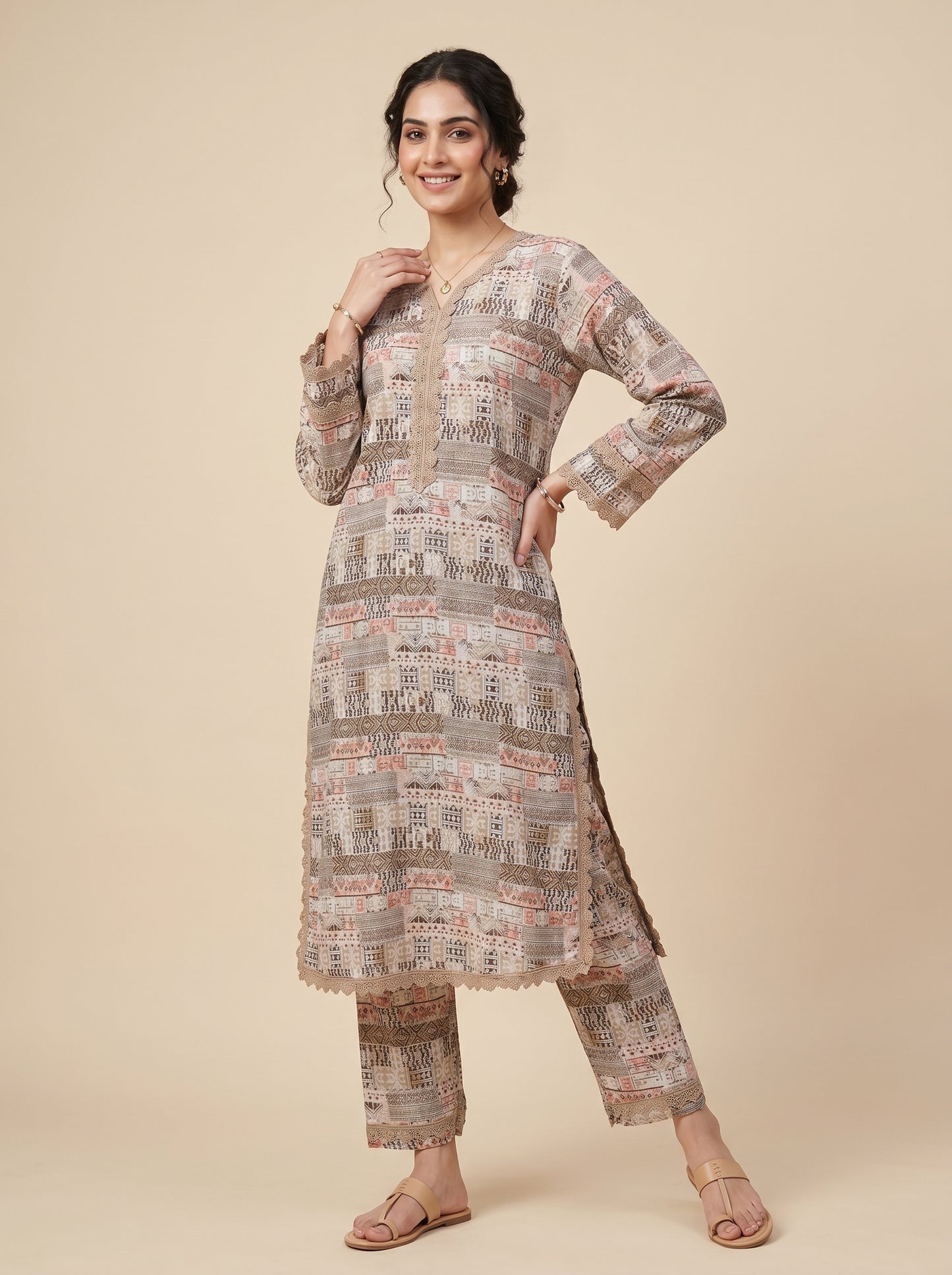 Cotton Printed Kurti Set 1038 Beige