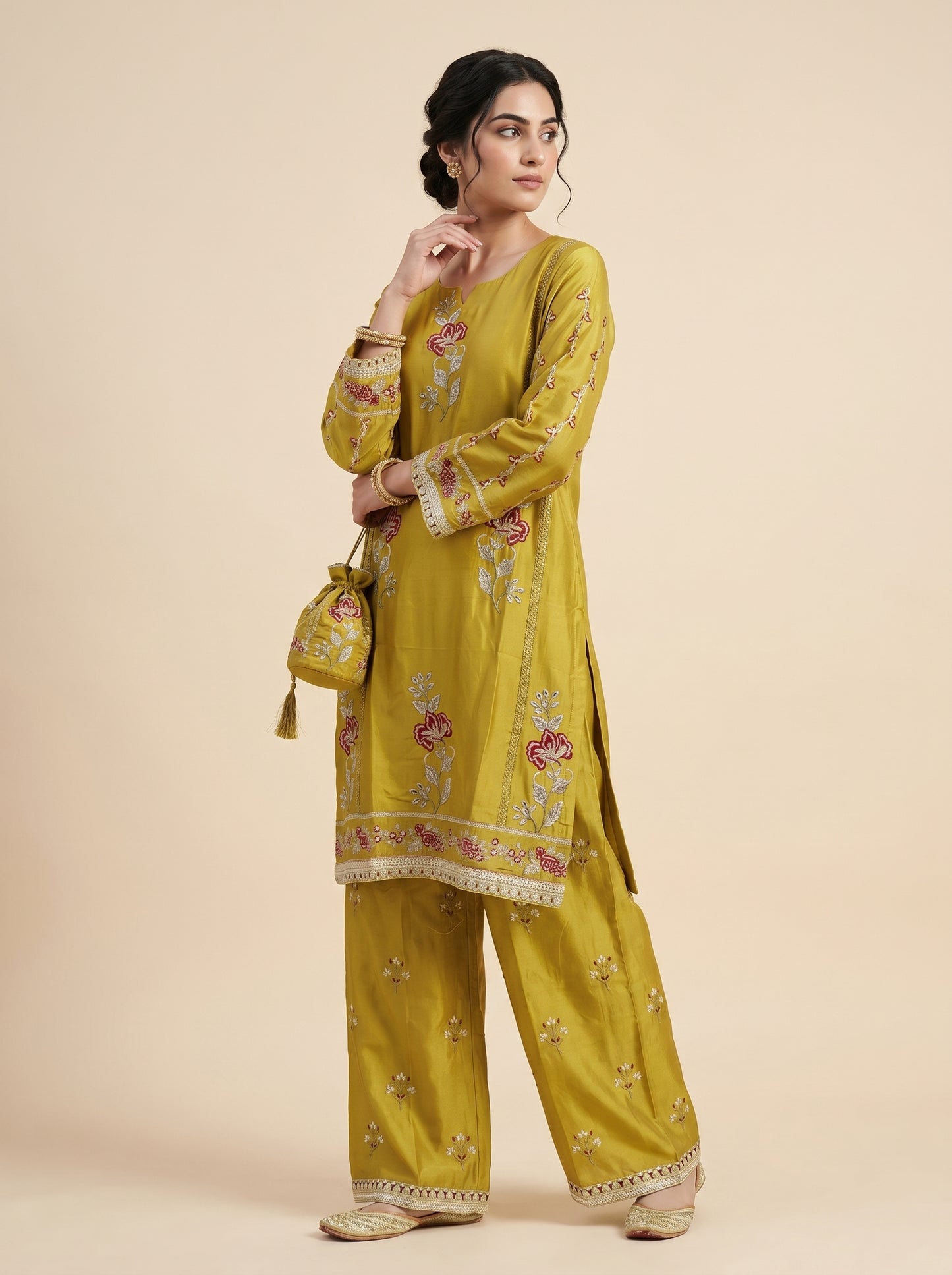 Cotton Embroidery Kurti Set 1040 Yellow