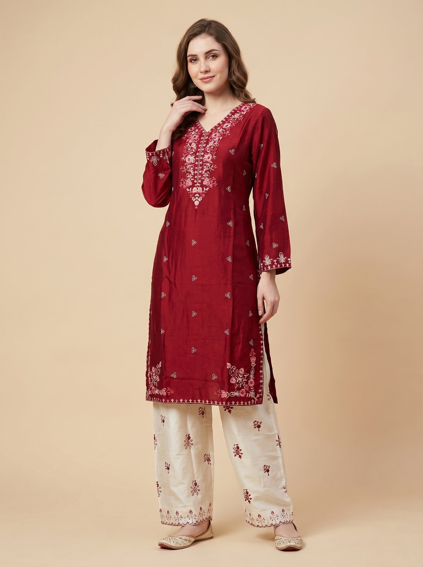 Cotton Embroidery Kurti Set 1043 Maroon