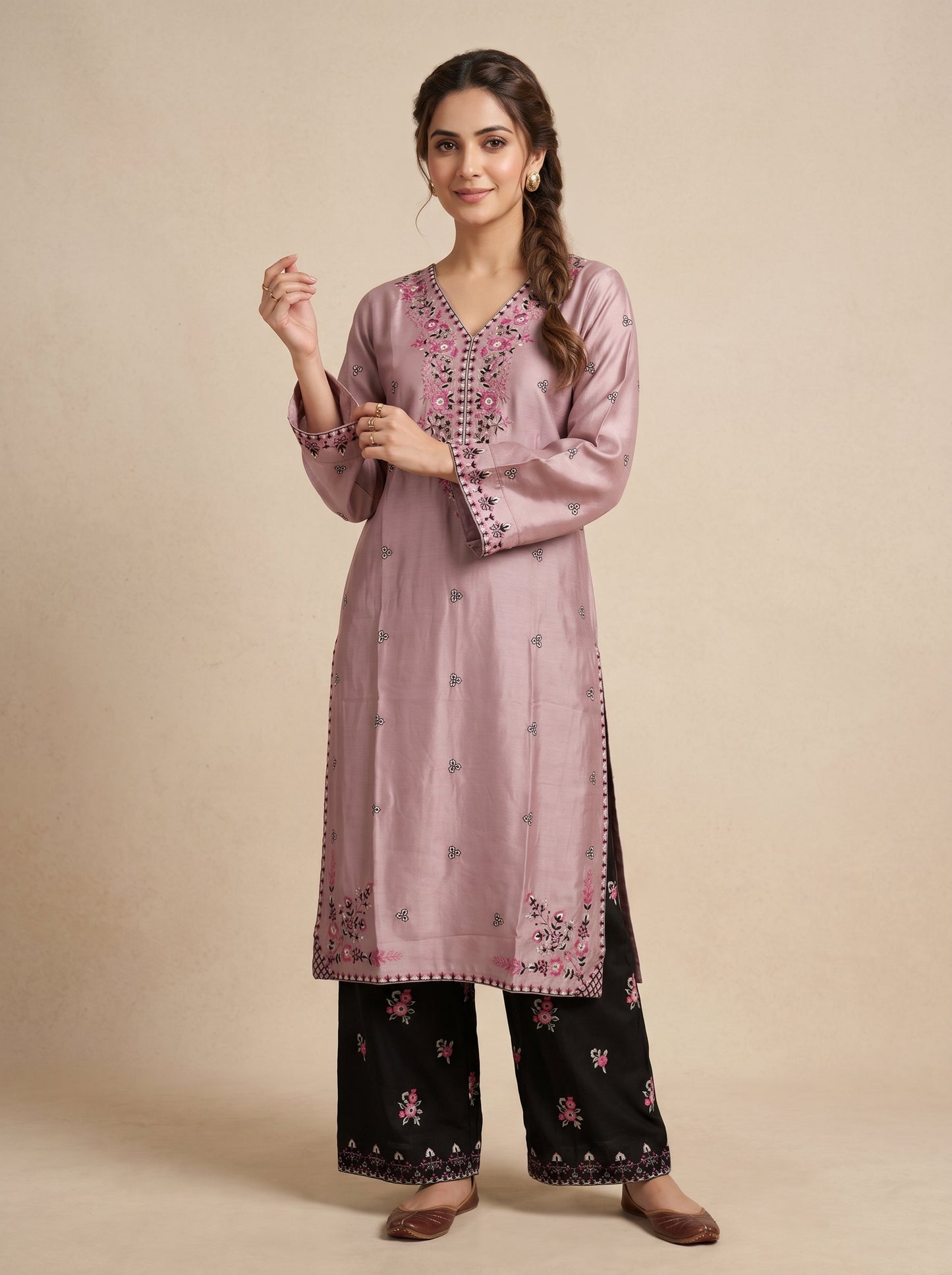 Cotton Embroidery Kurti Set 1042 Pink
