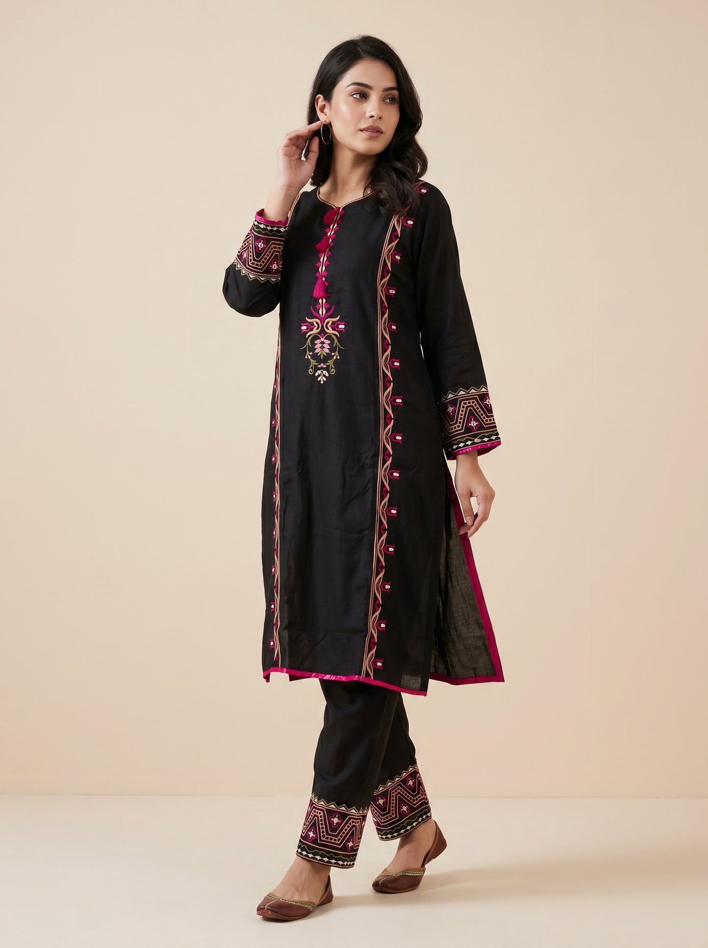 Cotton Embroidery Kurti Set 1044 Black