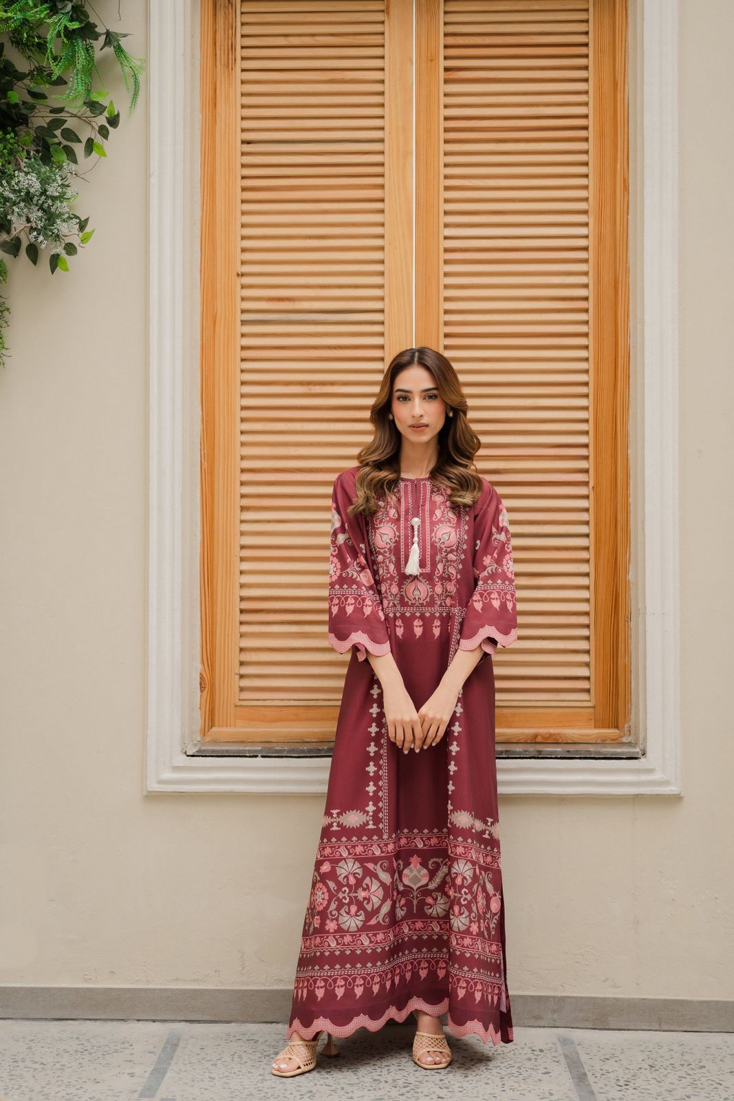 Cotton Satin Printed Kaftan J6168 Maroon (Only Top)