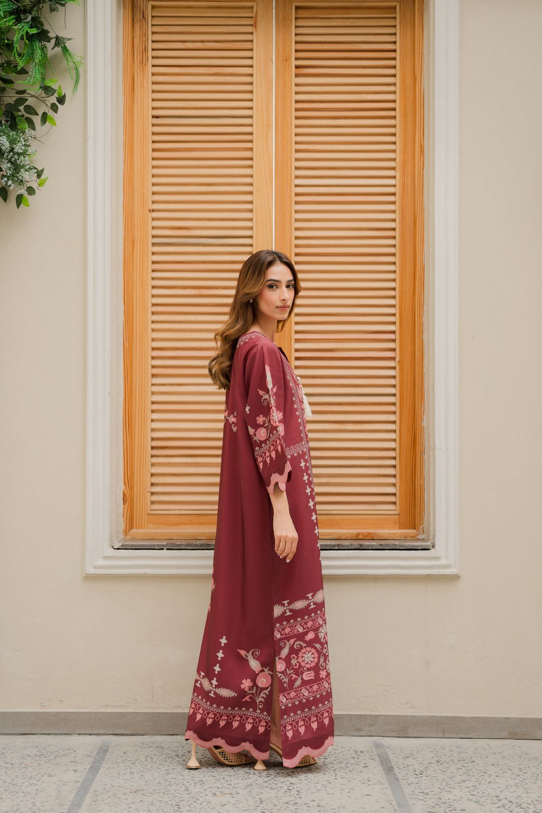 Cotton Satin Printed Kaftan J6168 Maroon (Only Top)