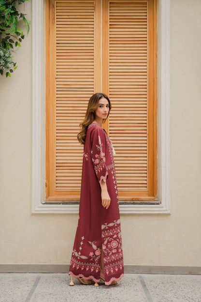 Cotton Satin Printed Kaftan J6168 Maroon (Only Top)
