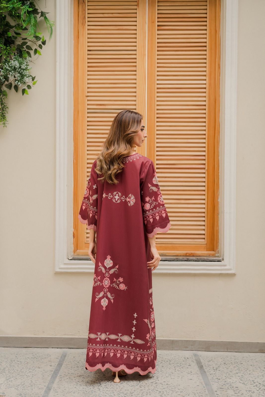 Cotton Satin Printed Kaftan J6168 Maroon (Only Top)