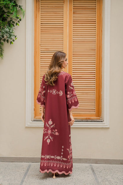 Cotton Satin Printed Kaftan J6168 Maroon (Only Top)