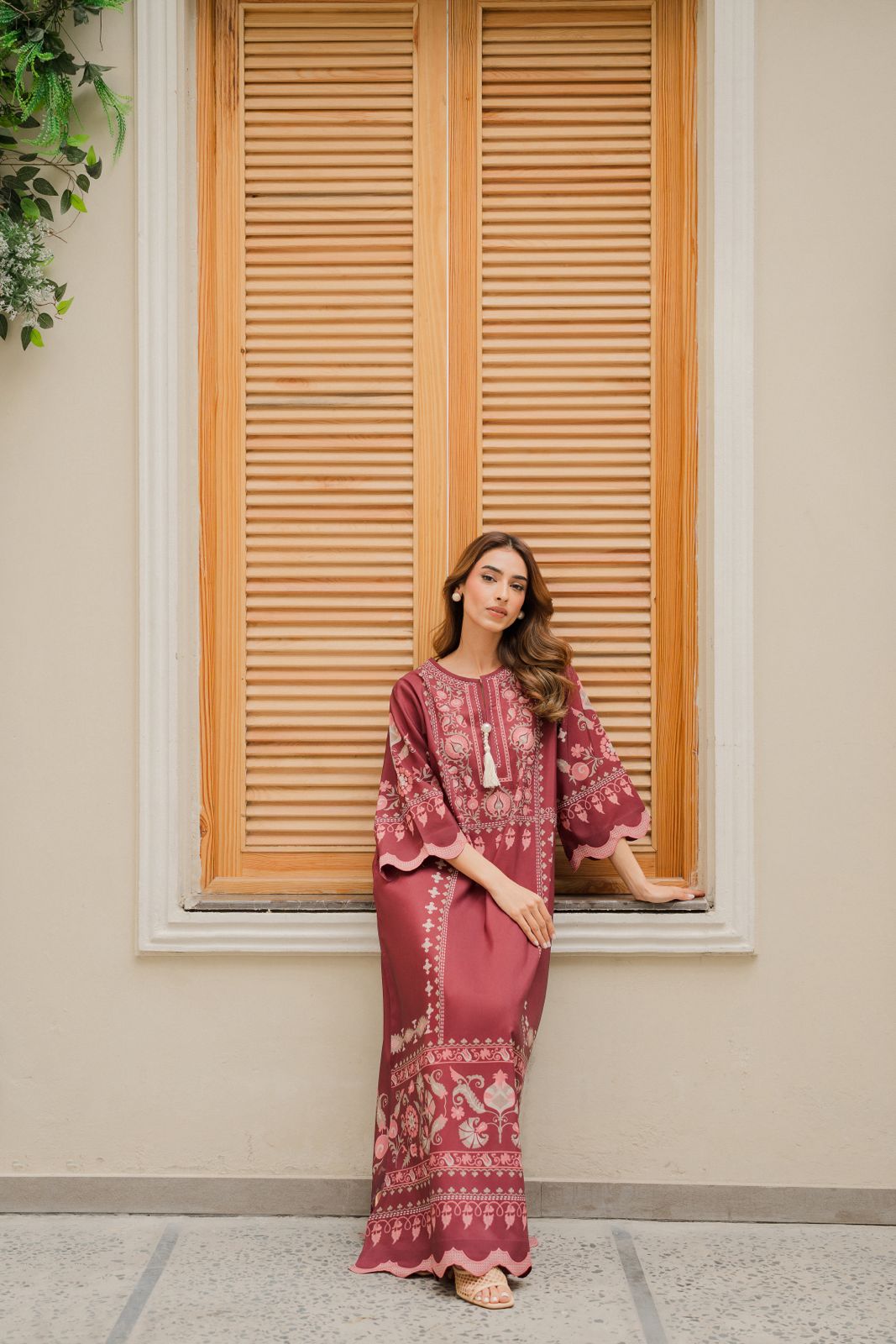 Cotton Satin Printed Kaftan J6168 Maroon (Only Top)