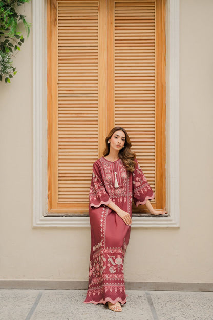 Cotton Satin Printed Kaftan J6168 Maroon (Only Top)
