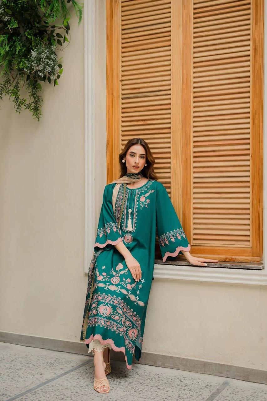 Cotton Satin Printed Kurta Set J6165 Green (With Dupatta)