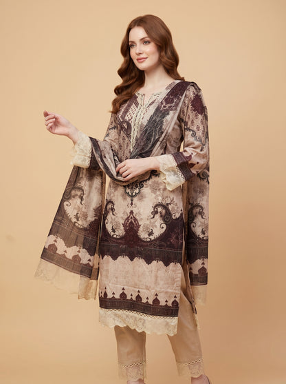 Cotton Printed Kurti Set With Dupatta 1001 beige