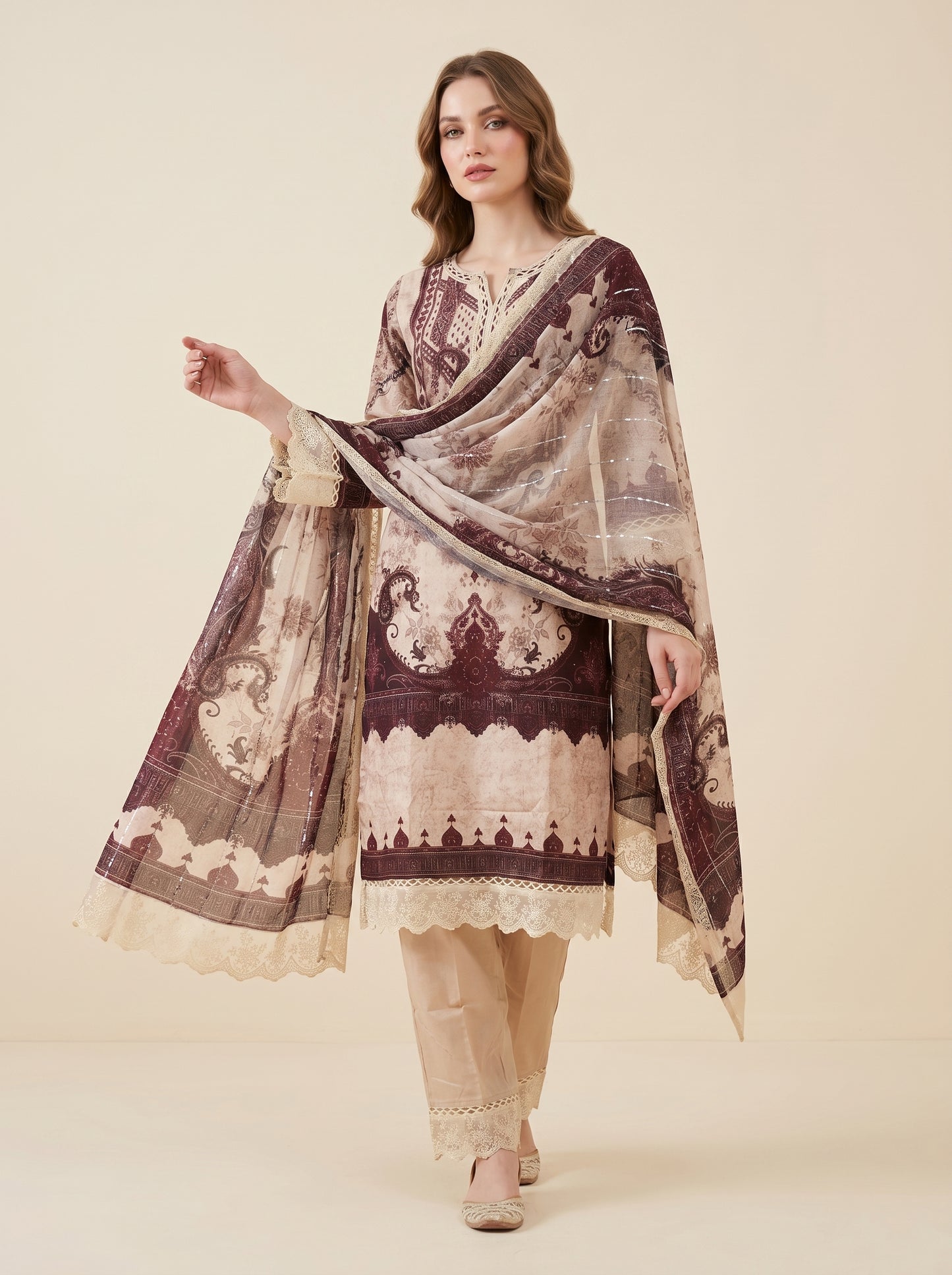 Cotton Printed Kurti Set With Dupatta 1001 beige