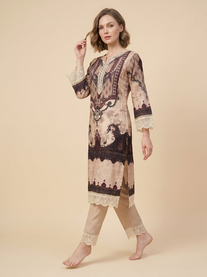 Cotton Printed Kurti Set With Dupatta 1001 beige