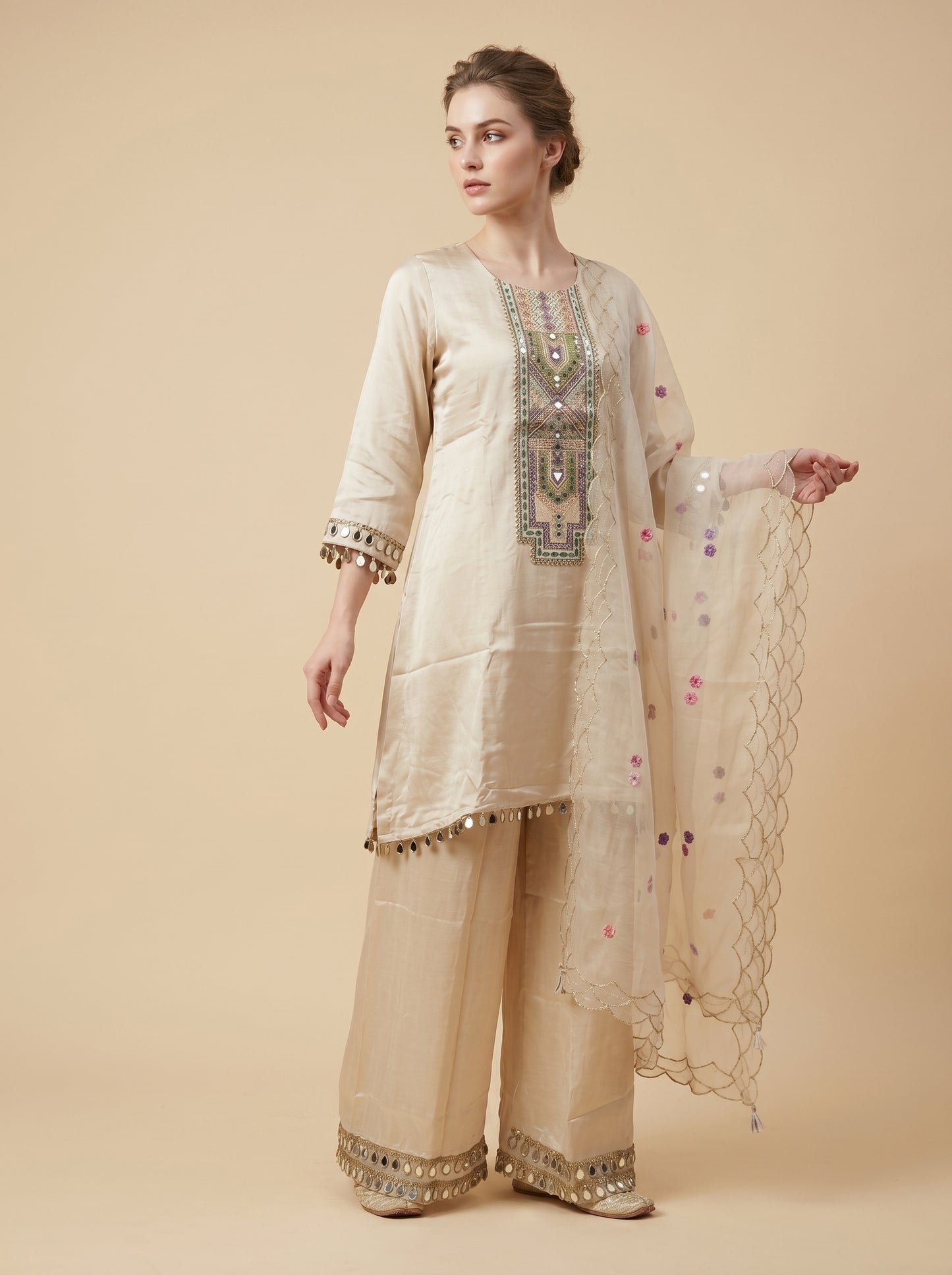 Georgette Embroidery Plazo Set 1002 Cream
