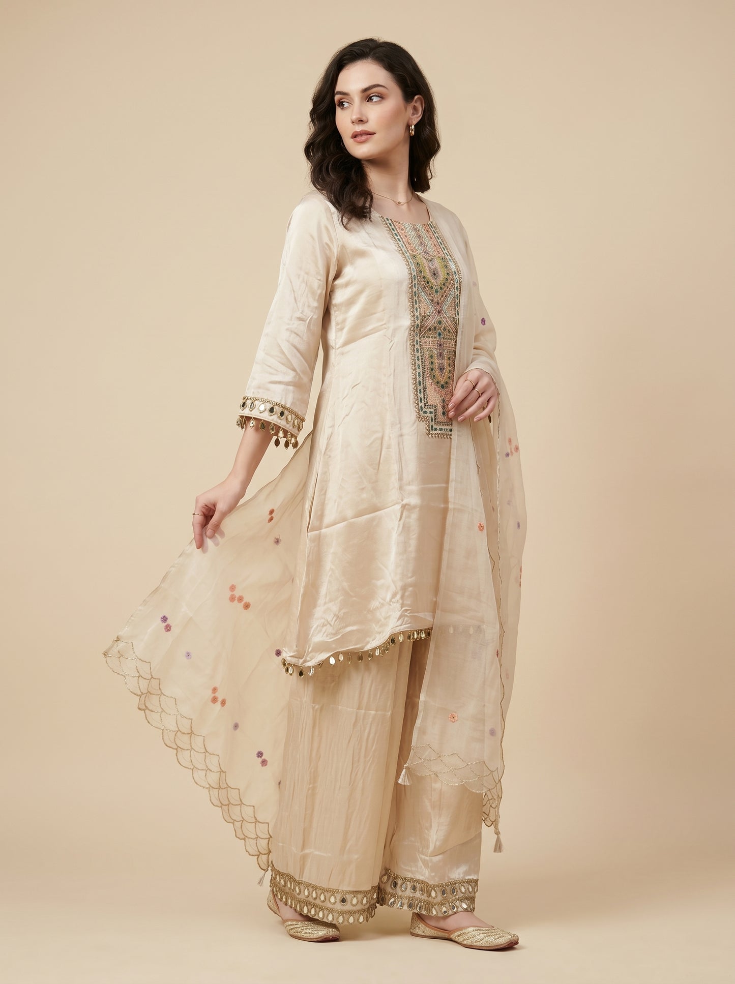 Georgette Embroidery Plazo Set 1002 Cream