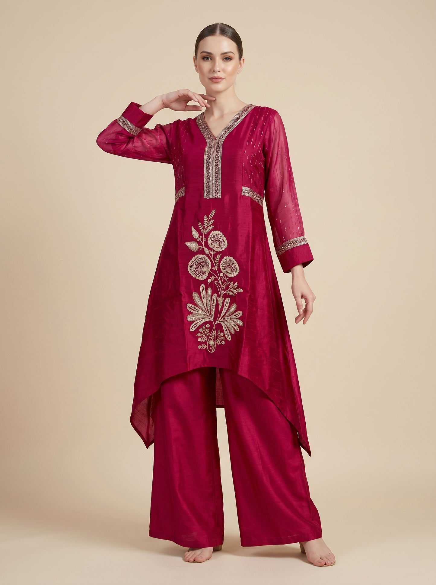 Georgette Hand Work Plazo Set 1003 Pink
