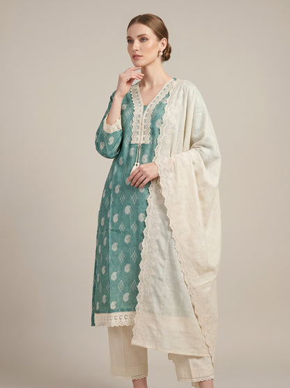 Cotton Printed Lace Work Kurti set 1005 Green