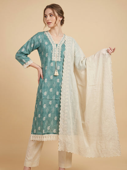 Cotton Printed Lace Work Kurti set 1005 Green