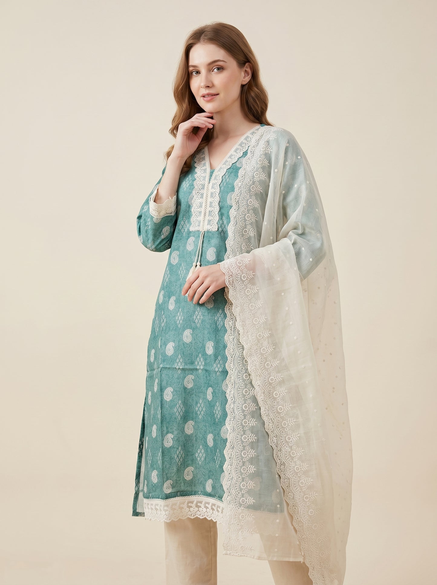 Cotton Printed Lace Work Kurti set 1005 Green