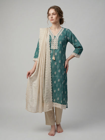 Cotton Printed Lace Work Kurti set 1005 Green