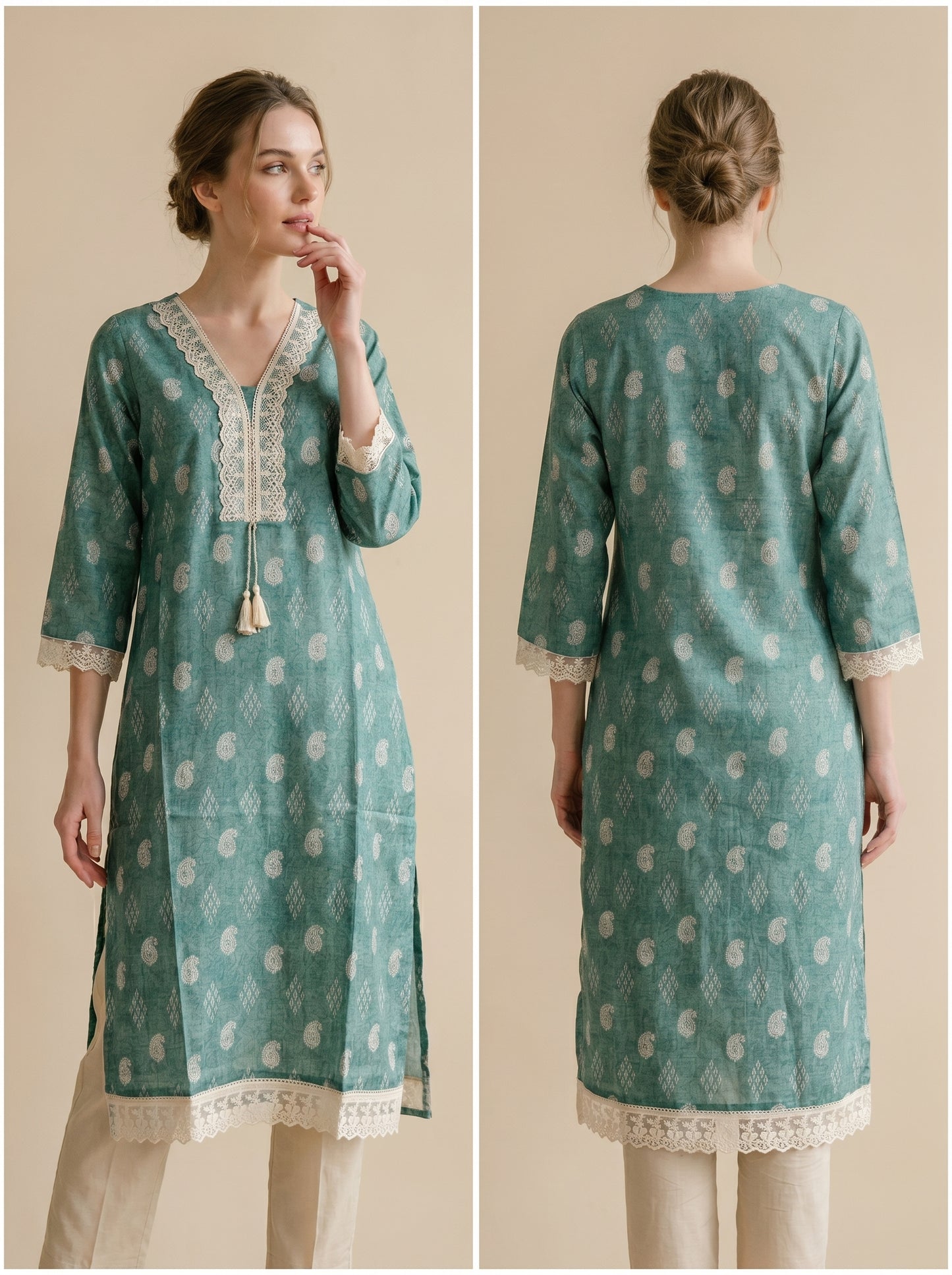 Cotton Printed Lace Work Kurti set 1005 Green