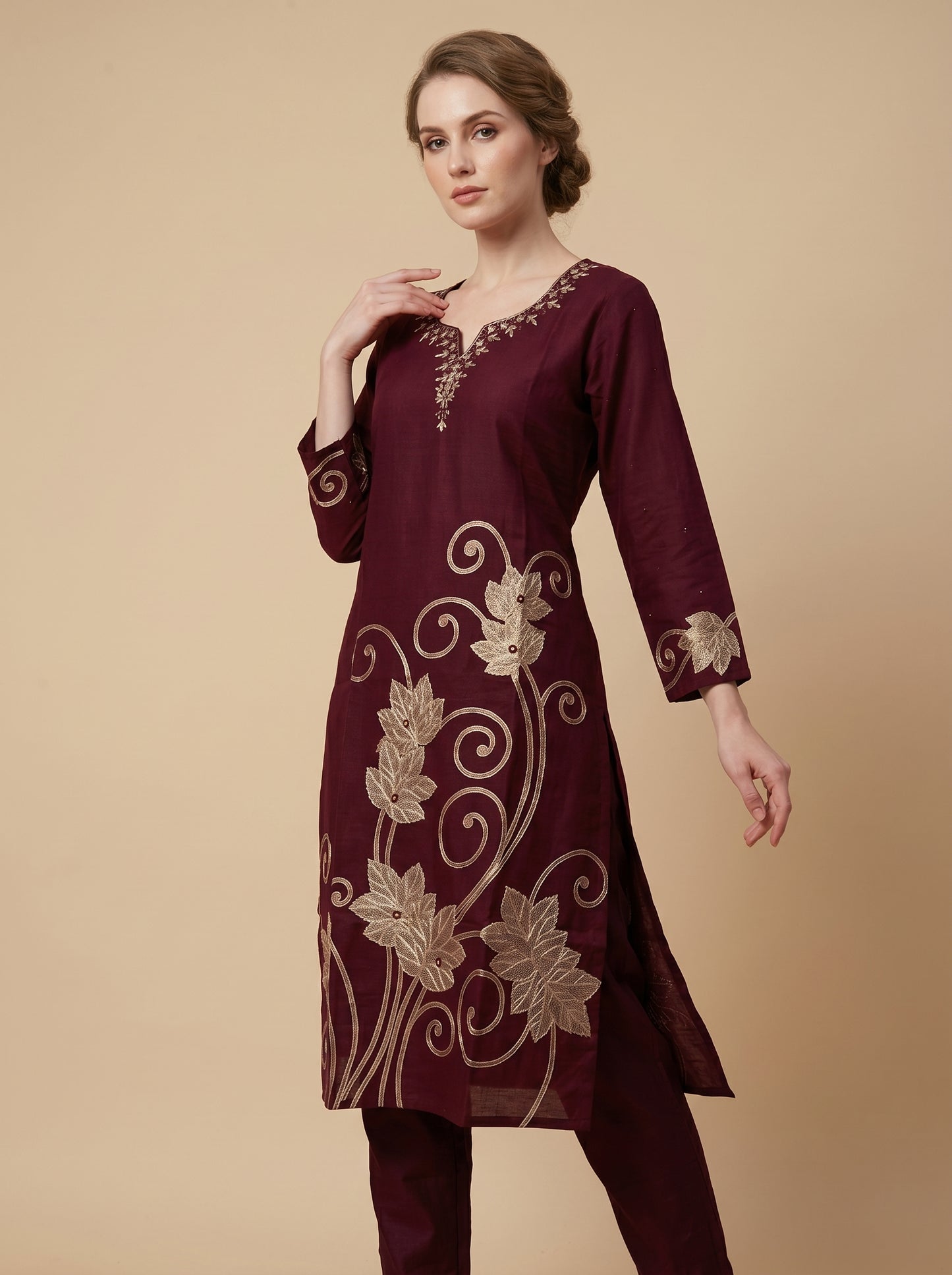 Cotton Printed Kurti Set With Dupatta 1006 Wine