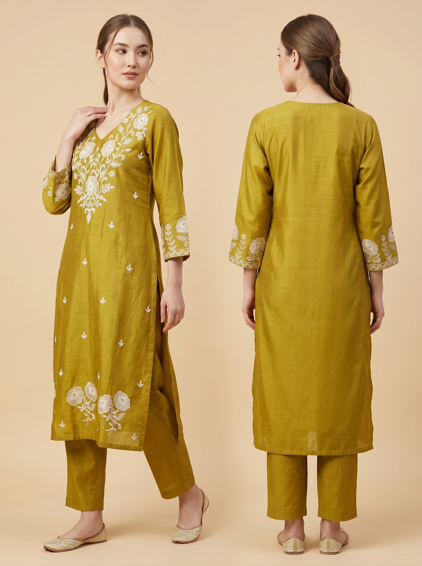 Cotton Embroidery Kurti Set 1007 Yellow