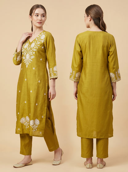Cotton Embroidery Kurti Set 1007 Yellow