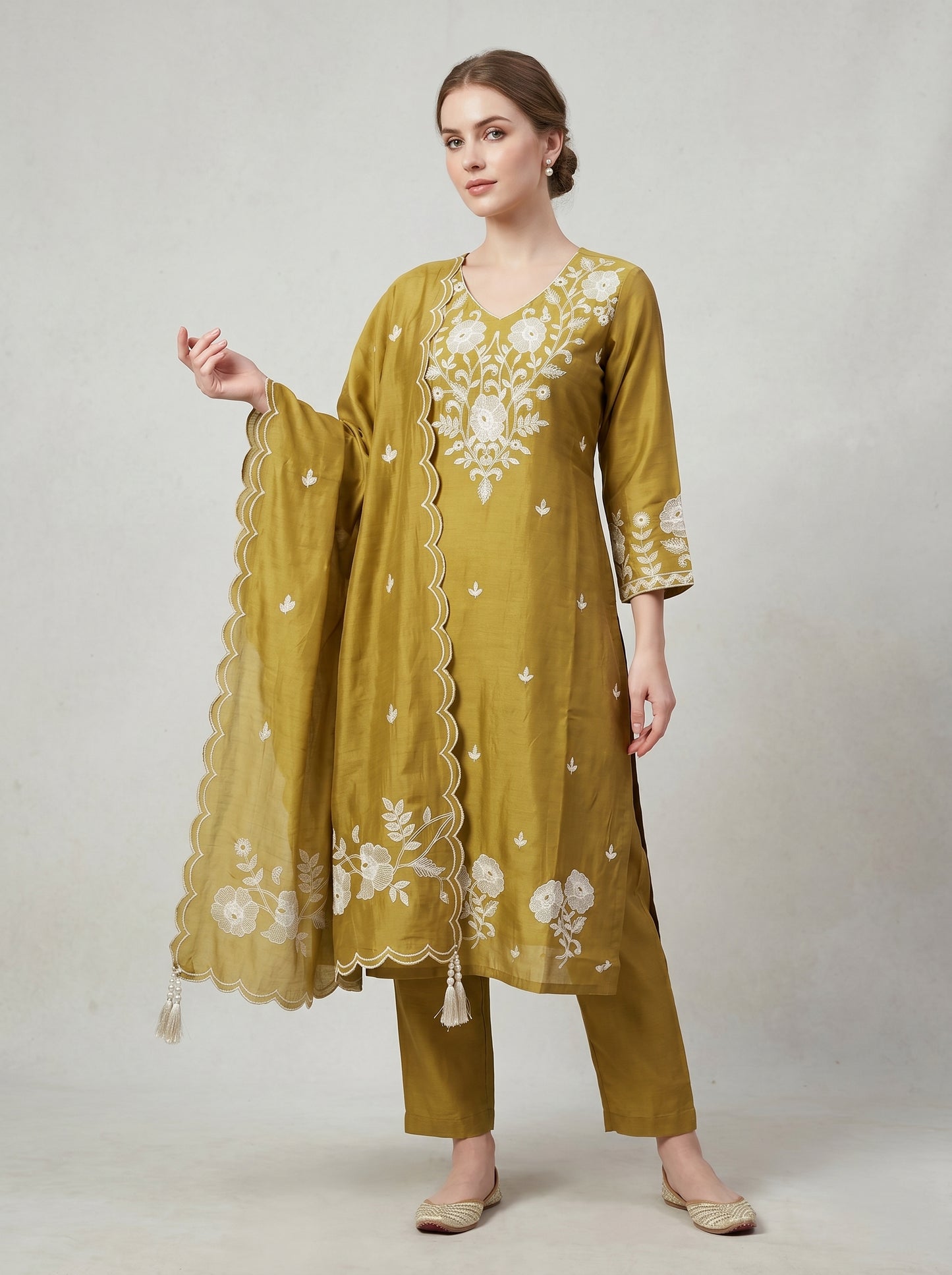 Cotton Embroidery Kurti Set 1007 Yellow