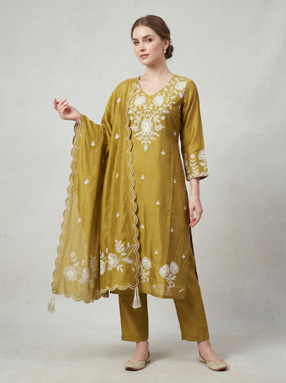 Cotton Embroidery Kurti Set 1007 Yellow