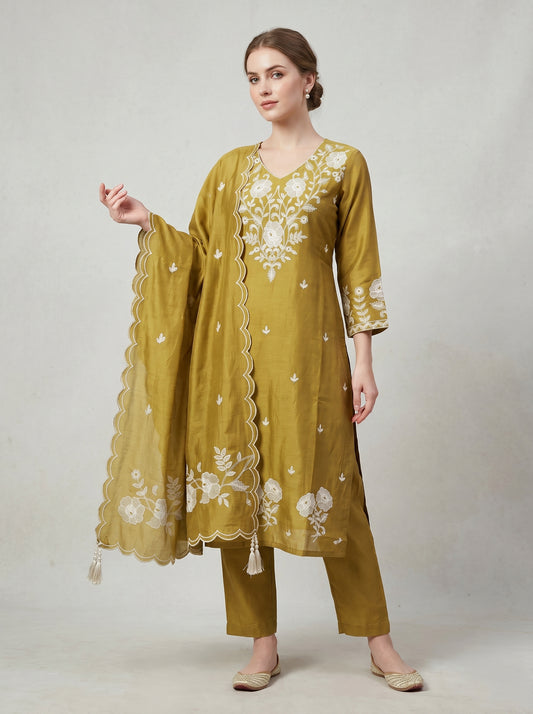 Cotton Embroidery Kurti Set 1007 Yellow