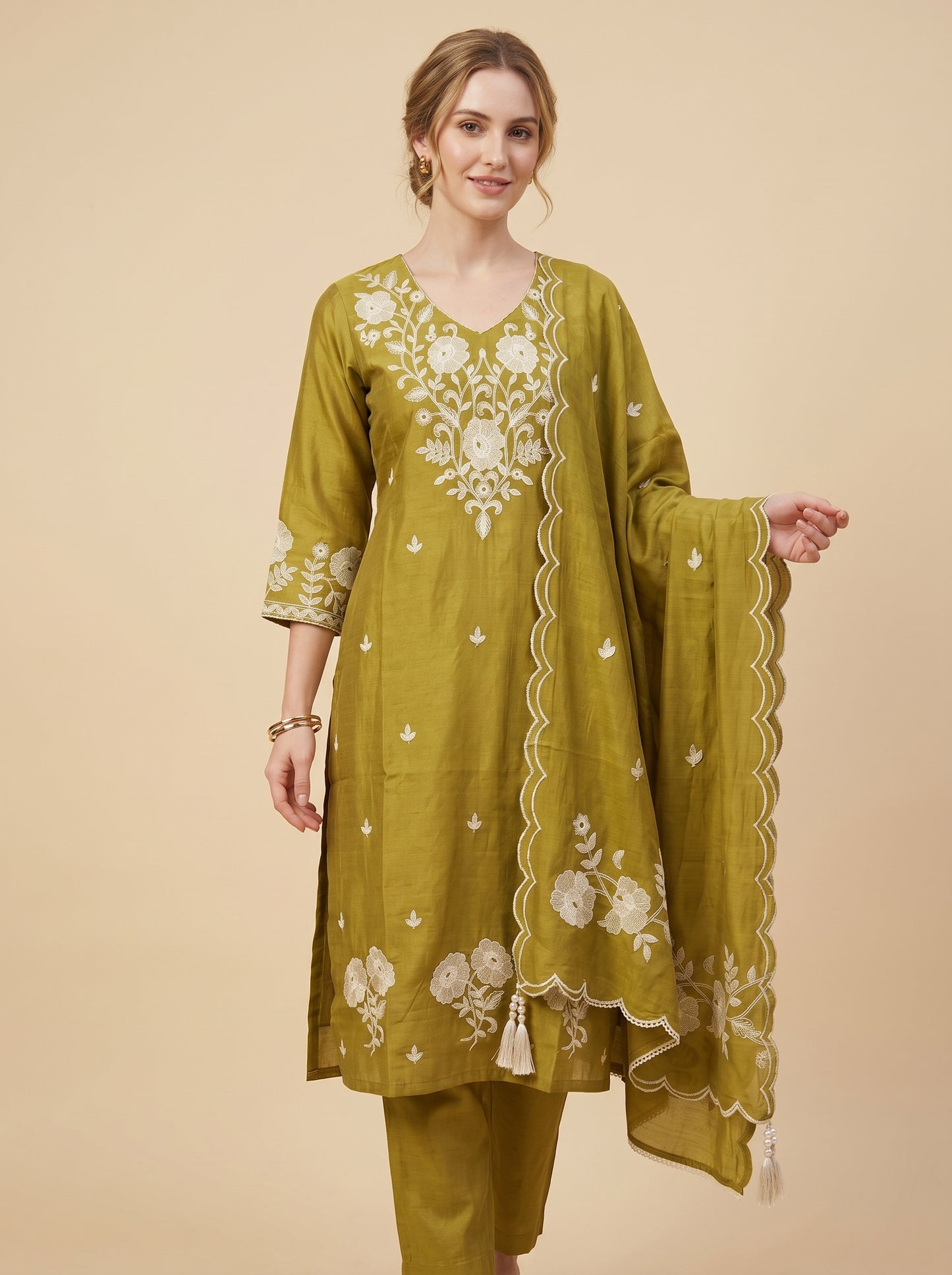 Cotton Embroidery Kurti Set 1007 Yellow