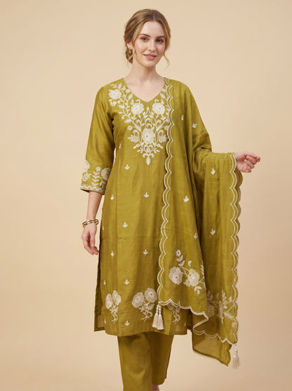 Cotton Embroidery Kurti Set 1007 Yellow