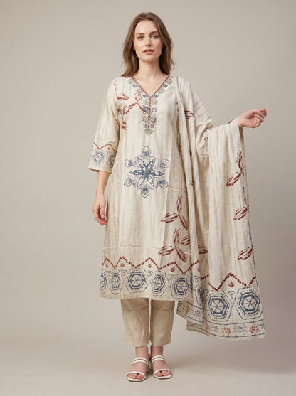 Cotton Printed kurti set 1008 Cream