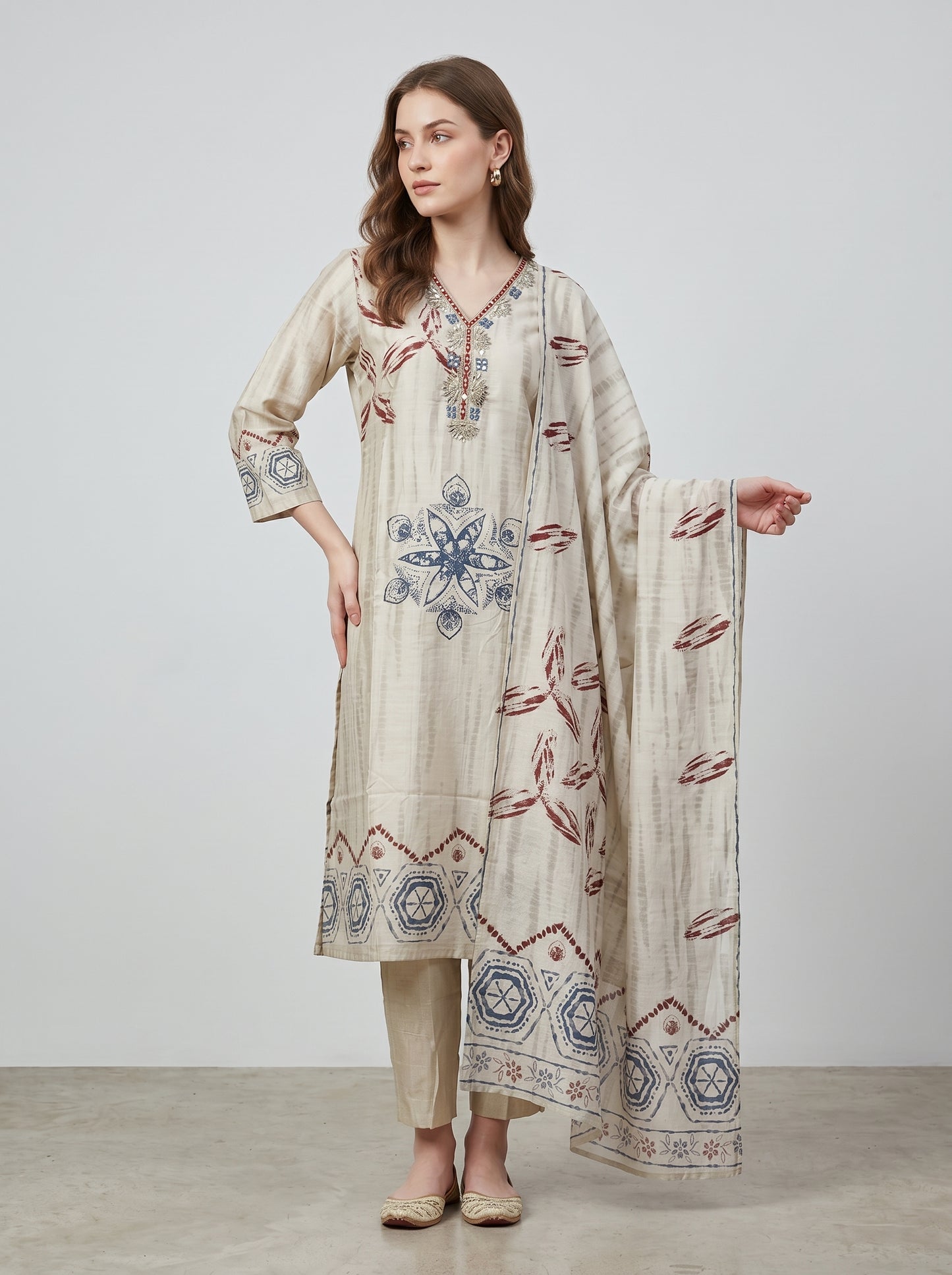 Cotton Printed kurti set 1008 Cream