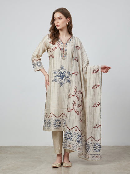 Cotton Printed kurti set 1008 Cream