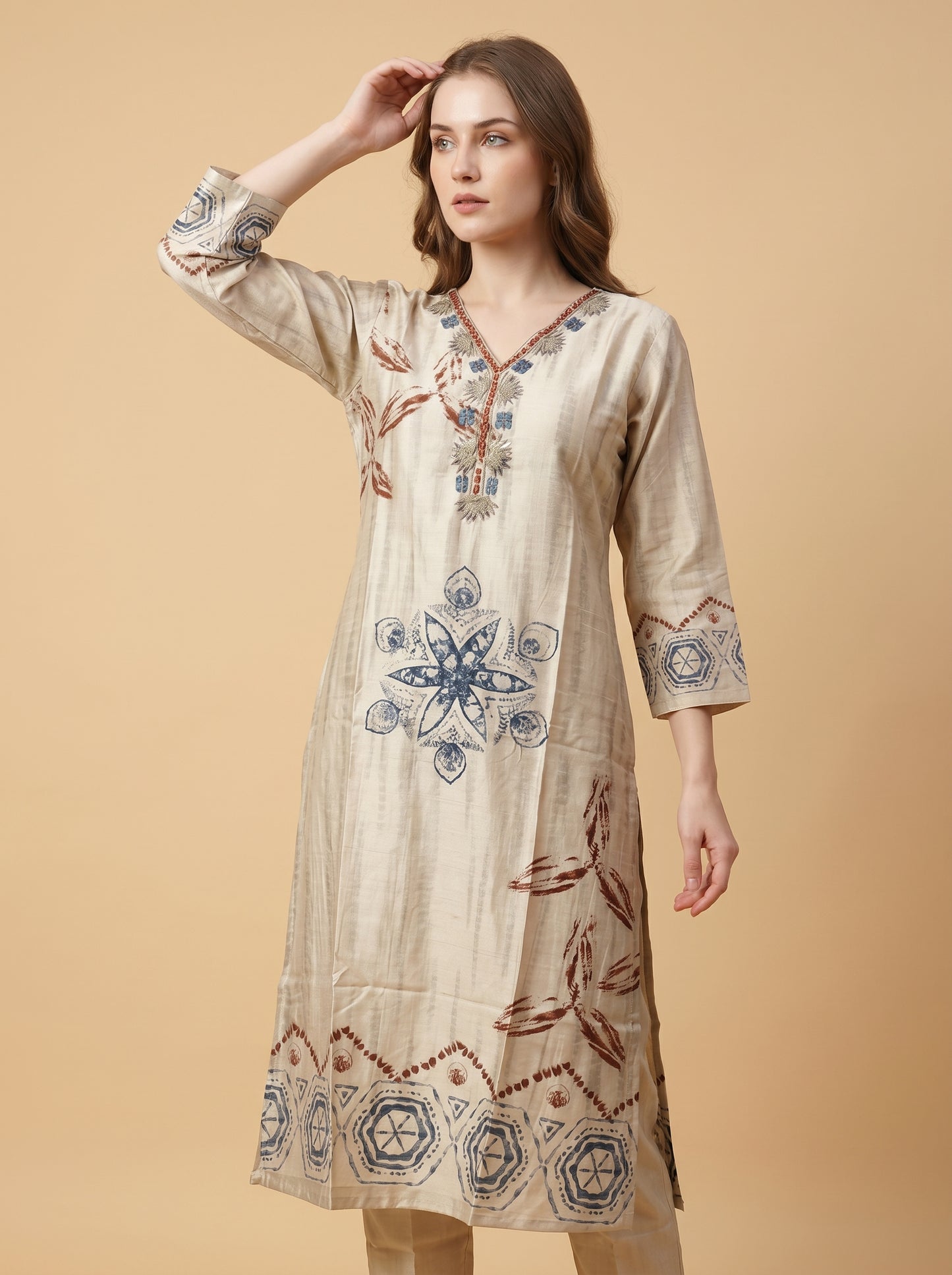 Cotton Printed kurti set 1008 Cream