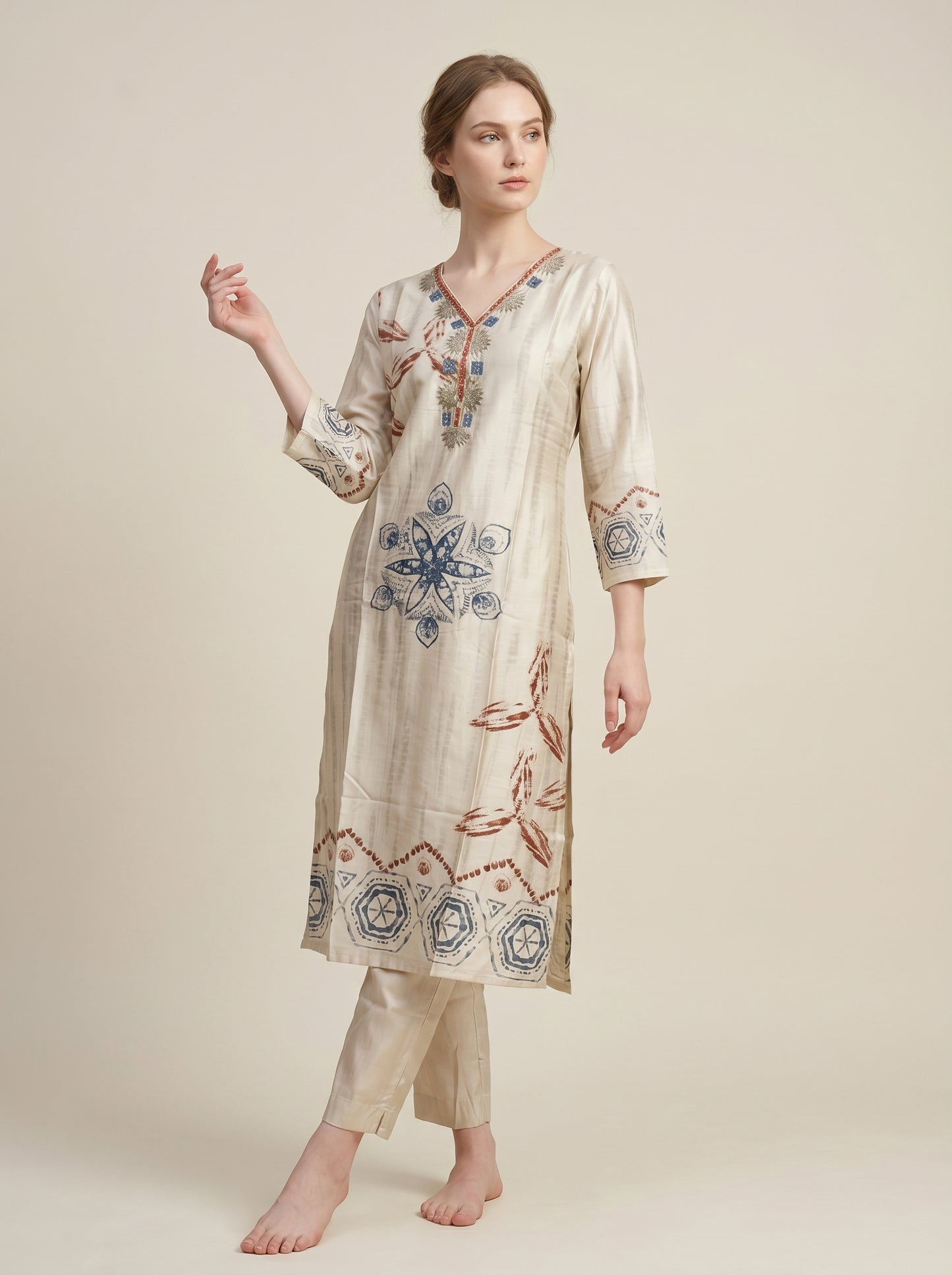 Cotton Printed kurti set 1008 Cream
