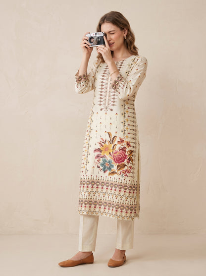 Cotton Printed Kurti set 1010 White
