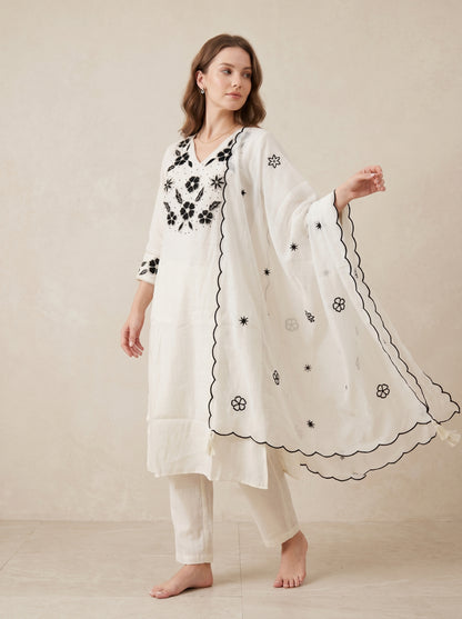 Cotton Embroidery Kurti Set 1017 White