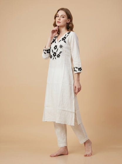 Cotton Embroidery Kurti Set 1017 White