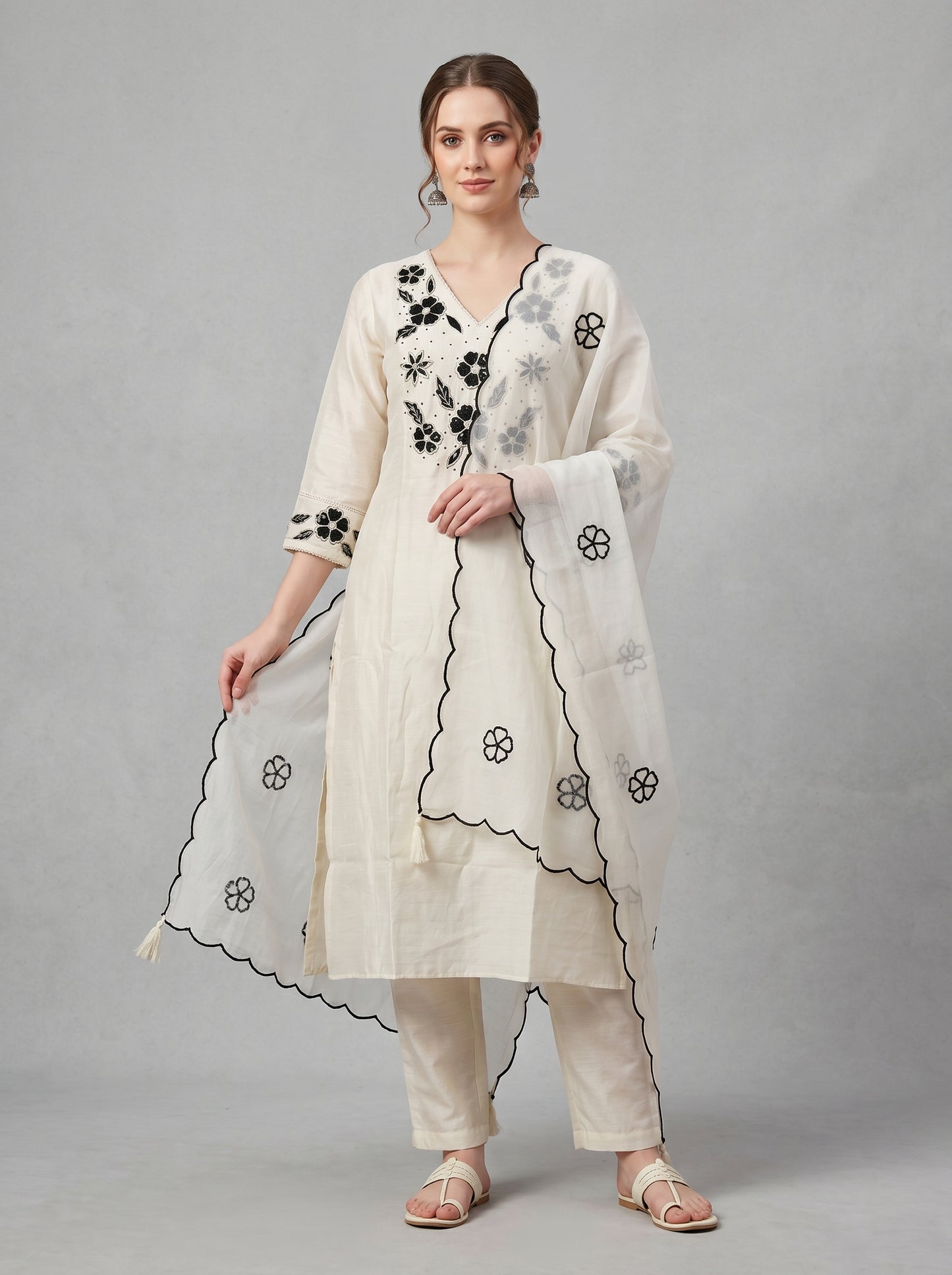 Cotton Embroidery Kurti Set 1017 White
